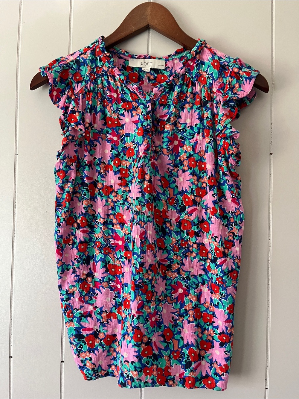 LOFT Pink Floral Ruffle Cap-Sleeve Blouse